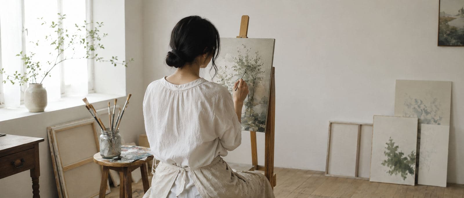 アトリエで絵を描く後ろ姿